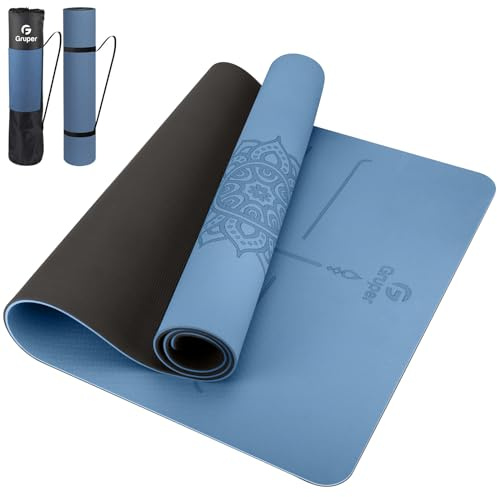 Yoga Mat Non Slip TPE Thick Yoga Mat with Alignment Mark, Large Size 72L x 32W x 0.32Th or 0.24Th, Anti-Tear Exercise & Fitness Mat for Yoga, Pilates & Floor Workouts (Blue Black, Thickness-8mm)