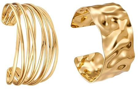 JENCVNL 2 Pièces Bracelet en or pour Femme, Bracelet Or Femme Bracelets de Manchette Large Bracelet Bangle réglables pour Femmes Bijoux (Bracelet Or#1)