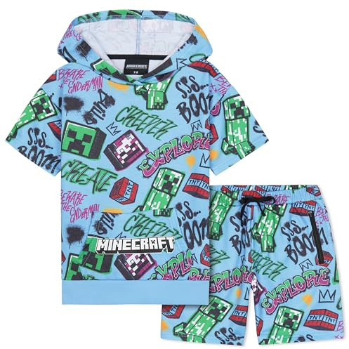 Minecraft Hoodie and Sweatpants Tracksuit for Boys Teens Kids Clothes Short Set (11-12 Years, Blue)