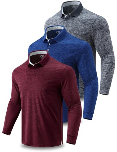 3 Pack: Dry Fit Long Sleeve Polo Shirts for Men, Athletic Collared Golf T-Shirts Performance Tops UPF 50+