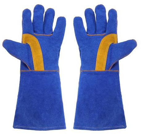 QUARKZMAN 1 Coppia di Guanti da Saldatura A2020 16 in Pelle di Bovino Resistenti al Fuoco e al Calore con Maniche Lunghe per Barbecue BBQ per Saldatura Camino Forno Cottura Giardino