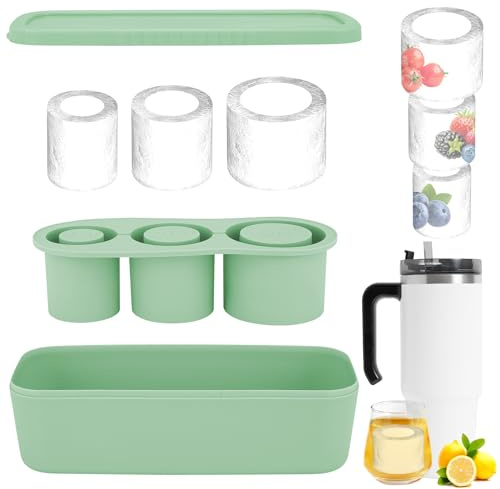 MOSTFUN Stanley Cup Ice Mold, Silicone Ice Cube Tray for Stanley Cup 20-40oz, Tumbler Ice Mold with Lid, 3 Hollow Cylinder Ice Cube for Freezer Chilling Drinks, Cocktails, Whiskey, Coffee (Green)
