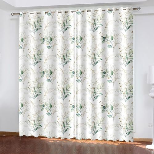 Lirzxin Blickdichter Vorhang 138 cm Lang, Lichtundurchlässige Vorhänge mit Ösen 2er Set Grün Zweige und Blätter Muster Gardinen für Wohnzimmer Schlafzimmer Kinderzimmer, 86x138 cm(BxH)