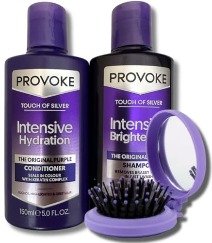 Provoke Touch Of Silver Purple Shampoo & Conditioner Set (150ml x2) with Travel Brush – Brightens Blonde, Silver & Grey Hair Shampoo & Keratin Repair Conditioner for Brassiness