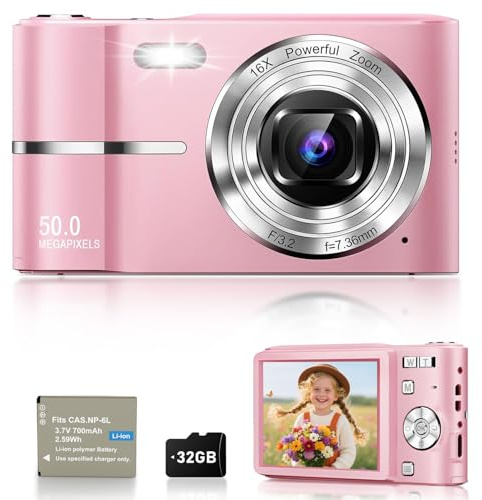 EJXHKNF Digital Camera, 1080P FHD Vlogging Camera 50MP Compact Portable Photo Camera with 2.4 Screen, 16X Digital Zoom Mini Small Pocket Camera for Kids Students with 1 Battery, 32GB Card (Pink)