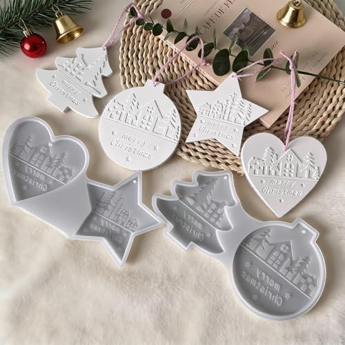 Esshogo 2 Stück Silikonform weihnachten, Gießformen Herbst, mit Tannenbaum Stern Herz Gipsformen zum Gießen Weihnachtsdeko Anhänger