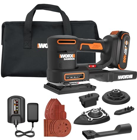 WORX Cordless Sander, 20V 10,000 orbits/minute Electric Sander, 5-in-1 Functions, Tool-less Sanding Pad Change, 20 V 2.0 Ah Battery and Charger Included, PowerShare