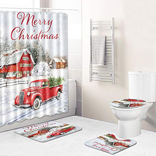 Morbuy Weihnachten 4-teiliges Badvorleger-Set Duschmatte +Konturmatte +WC-Deckelbezug +Duschvorhang, rutschfeste Badvorleger für Küche,Dusche und Toilette (50 * 80cm+180cm*180cm,rotes Auto)