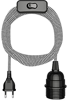 ledscom.de Câble textile LEKA, fiche, interrupteur, noir, blanc, dentelé, 3 m, douille de lampe, 1x E27 max. 60W