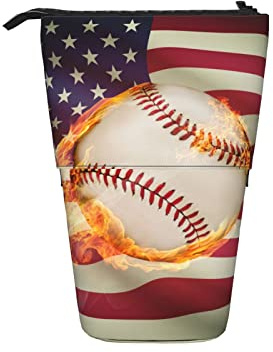 Ahdyr Softball-Baseball-USA-Flagge, stehend, ausziehbar, aus Segeltuch, Federmäppchen mit Reißverschluss, Schreibwaren-Federmäppchen für Mädchen, Frauen, Jungen