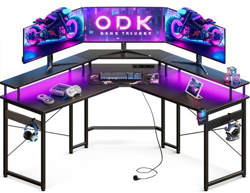ODK Gaming Tisch 129x129 cm, Gaming Schreibtisch mit LED, PC Tisch Gaming mit 2 Steckdosen und 2 USB Ladeanschluss, Computertisch mit großzügiger Monitorablage, Kohlefaser Schwarz