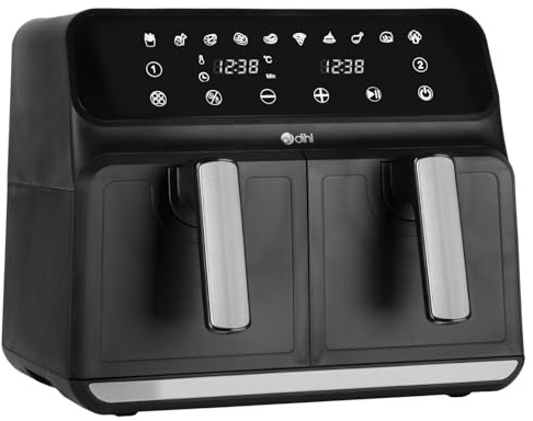 Dihl 8L Double Air Fryer - Black, 2 x 4L Independent Baskets, Dual Zone, Family Size Healthy Oil-free Air Fryer with 10 Pre-sets & Digital LED Display, 1700W