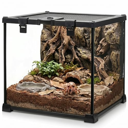 Mini reptilglas terrarium vivarium 30 x 30 x 30 cm full vy tank små amfibier glaslivsmiljöbur med matningsplats och lås-spänne