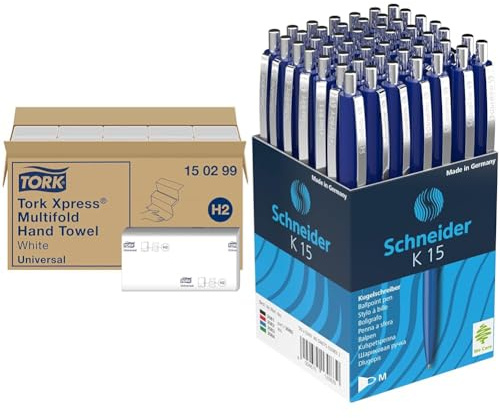 Tork Xpress Multifold Papierhandtücher 150299 - H2 Universal Falthandtücher für Handtuchspender - mehrfach gefaltet & Schneider 3083 K15 Druckkugelschreiber (dokumentenecht