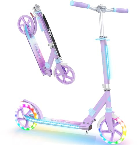 BELEEV Patinete de 2 Ruedas, Plegable Patinete con LED Luces Ruedas, Stem, Deck, Altura Ajustable, Big Wheel 200mm Scooter Adult con Correa de Transporte, Marco Resistente para 6+ Niño Niña Adulto