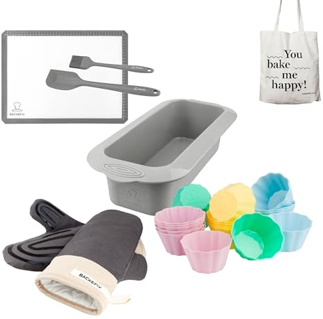 Backefix Party Set die perfekte Grundausstattung - zum Kuchen oder Muffins backen - Geschenk Set (Silikon Brotbackform, 24x Muffinförmchen, Backmatte & weiteres Backzubehör