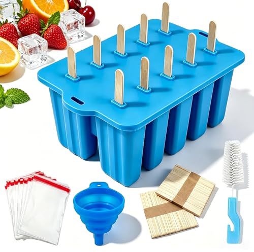 Stampi per Ghiaccioli in Silicone,Stampi per Gelato senza BPA,Formine Ghiaccioli Riutilizzabili,100 stecchi gelato 100 buste gelato Stampi per Ghiaccioli,imbuto,Spazzola per la Pulizia e Coperchio