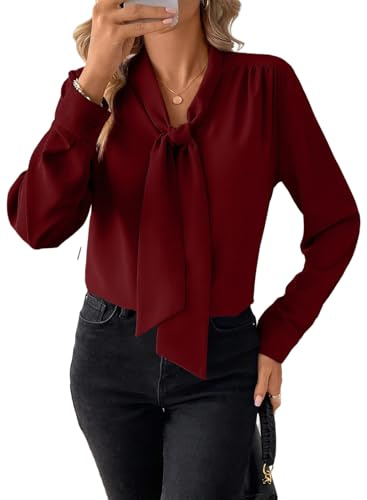 Astylish Women's Bow Tie Neck Long Sleeve Tops Casual Dressy Elegant Office Work Blouse Shirt Burgundy X-Large
