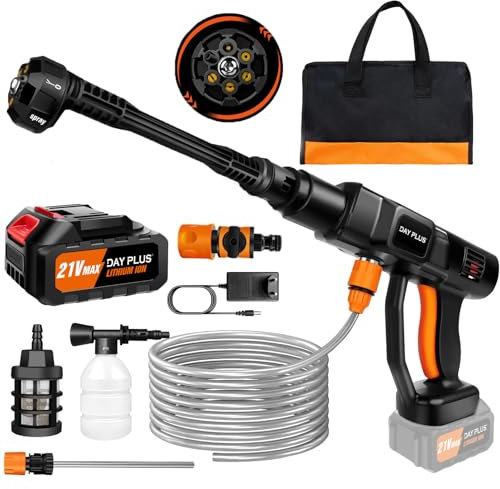 21V 45 Bar/652 PSI Hidrolimpiadora sin Cable, Hidrolimpiadora portátil con batería de 3.0Ah,Boquilla Ajustable 6 en 1,Manguera de 16.4FT Limpiadora a presión para Coche/Suelo/jardín Limpieza y riego