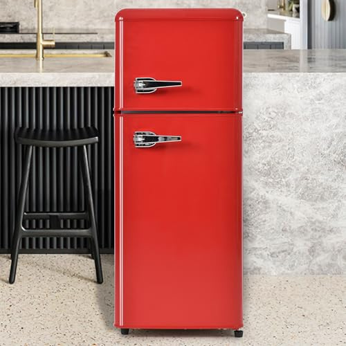 Frigorífico Retro, Frigorífico Pequeño Con Congelador, Minifrigorífico, Volumen Total De 92 Litros, Con Congelador De 28 Litros, 116 Kwh/Año, Luz LED, 7 Niveles De Temperatura.,Red