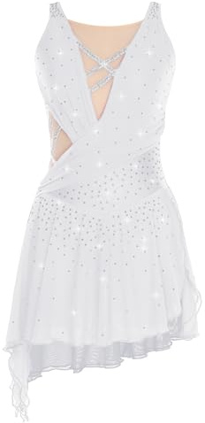Linyuir Abito da Pattinaggio Artistico Femminile Senza Maniche Abito da Ballo Scintillante tutù da Danza Mesh Body Ginnico Costume da Ginnastica con Gonna Bianco S