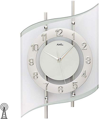 AMS 5506 Wanduhr Funk Funkwanduhr Analog Silbern Modern geschwungen mit Glas