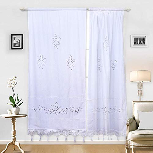 DOKOT Küchenvorhang, bestickt, aus Baumwolle, weiß, für Kaffee und Esszimmer, mit Quastenborte, 70 x 150 cm (Weiß, 2 Bahnen)