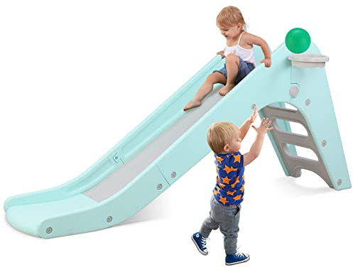 Arlopu Toddler Slide, Baby Indoor Foldable Slide with Basketball Hoop & Ball, 63 Extra Long Slope, Non-Slip Steps, Sturdy Plastic Outdoor Climber Playset for Boys and Girls (Robin Egg Blue)