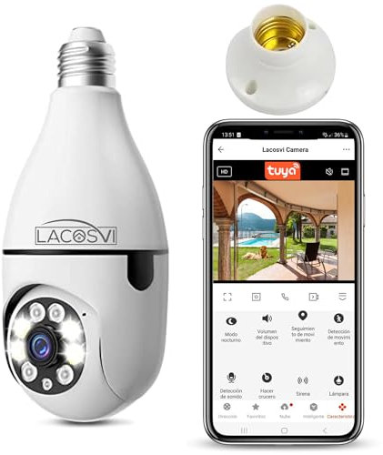 LACOSVI Cámara de Bombilla de Seguridad Cámara Inteligente 360​​° Full HD 1080P Cámara WiFi para el Hogar 2.4G, y 5G Interior Exterior con detección de Movimiento de visión Nocturna Casquillo E27
