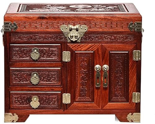 ZUMAHA Geschnitzte Schmuckschatulle, Uhrenvitrine, rote Schmuckschatulle aus Holz mit Schloss, Aufbewahrungsbox für Ohrringe, Halsketten, Uhren