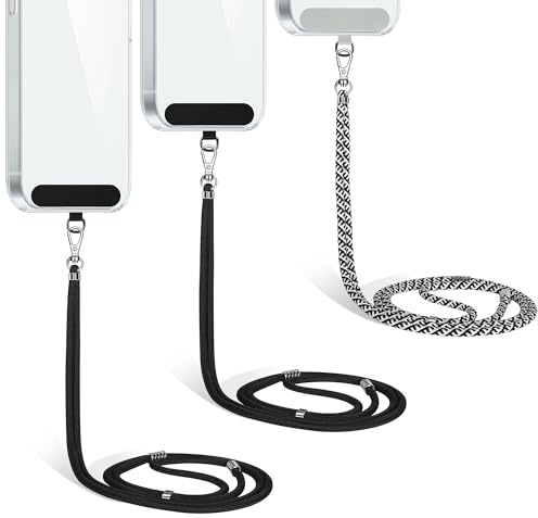 COCASES Crossbody Phone Lanyard with Tether, iPhone Strap for Hanging Anti-Theft Phone Chain for Neck Keychain with Patches Compatible with Most Smartphones, 3 Pack, Black/Blackwhite