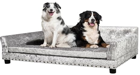 BingoPaw Extra Large Luxury Velvet Dog Sofa Couch Raised Grey XL(120x74cm) | Upholstered Pet Sofa Lounge Bed for Large Dogs up to 60kg - Wooden Frame Elevated Puppy Chair with Comfortable Cushion Mat