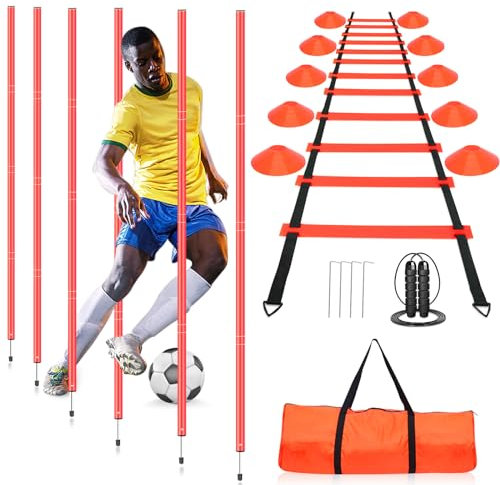 YGORTECH Lot de 6 bâtons de slalom pour entraînement d'agilité de football – Comprend des bâtons de forets, une échelle d'agilité, 10 cônes de football, une corde à sauter pour l'entraînement de