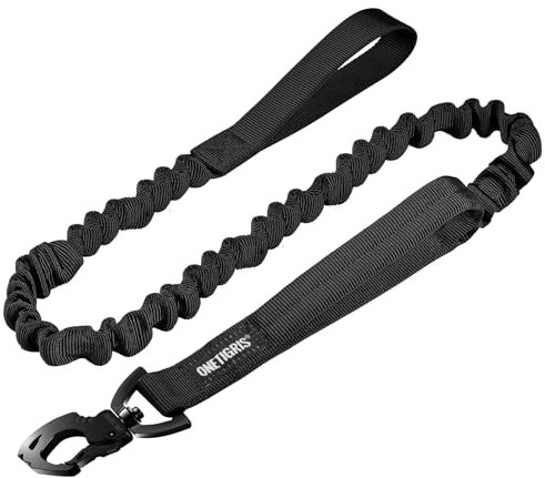 OneTigris Federbelastete Hundeleine 86 cm - 120 cm Führleine Nylon mit Tiger Zahn Metallclip und 2 Weiche Polsterung, Länge - Schwarz
