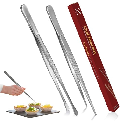 Namre' Tweezer Tongs for Cooking -Plating Tweezers - 2 Pack Stainless Steel Cooking Tongs - Thin Chopstick Tongs (Silver)