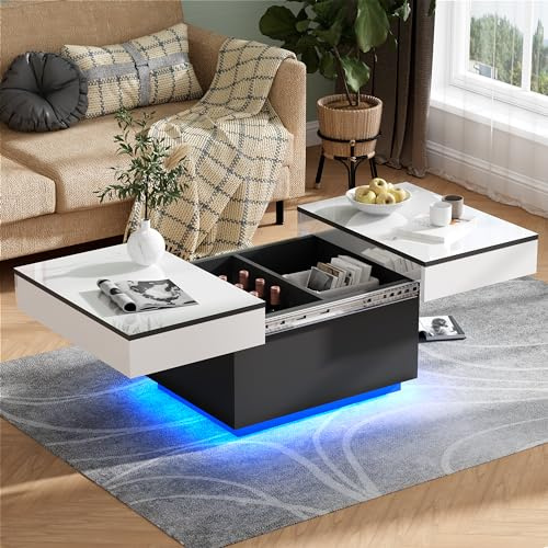 MSFE Mesa de Centro Blanco Brillo Led,Mesa de Salón con 2 Espacios de Almacenamiento,Mesas de Centro de Madera para Sala de Estar con Luces LED de 20 Colores,Mesa de Centro Extensible,80 * 58 * 40cm