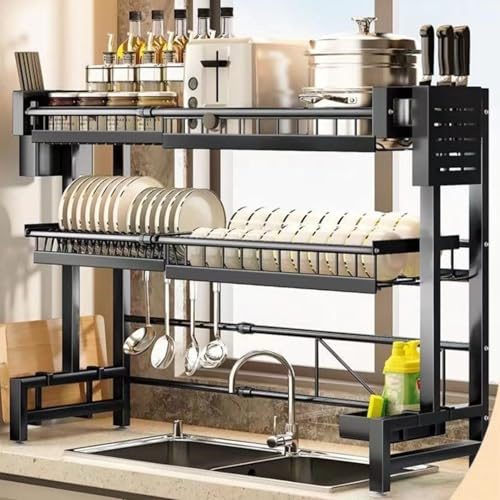 Escurridor de platos sobre el fregadero, estante de platos de gran capacidad de 2 niveles, longitud ajustable (23.6 a 39.3 pulgadas), organizador de encimera expandible multifuncional, estante para