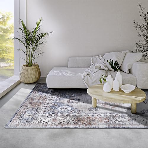 Freundin Home Collection Meridiem Teppich – Klassischer Orient Vintage Kurzflor Teppich - Orientalischer Wohnzimmerteppich für Schlafzimmer, Esszimmer, Wohnzimmer – Blau Kupfer, 120x160cm
