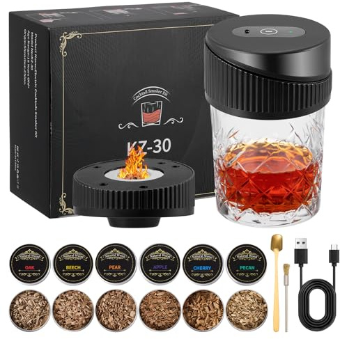 Cocktail Smoker Set mit 6 Holzchips, Whiskey Smoker Kit, Flammenfreies Whisky Räucher Set für Bourbon Whiskey, Bier, Cocktails, Wein, Kaffee, Essen, USB-C Aufladung, Geschenk Herren