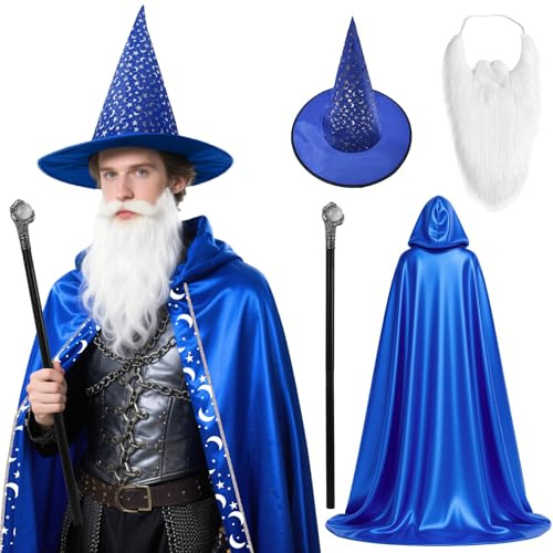 Mprocen mystisk trollkarl komplett set kappa med stjärndesign, spetshatt trollstav och skägg för fantasy cosplay karneval och LARP-äventyr