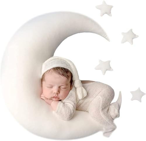 Xanewza 4PCS Neugeborenen Fotografie Requisiten Halbmond Posieren Kissen und Sterne Baby Foto Requisiten Dekor Korb Foto Requisiten Baby Fotoshooting Requisiten Studio Zubehör