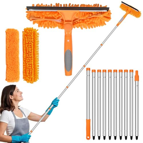385CM Window Squeegee Cleaning Equipment,with Long Handle, 2 in 1 Extendable Window Cleaning Kit with Squeegee and Microfiber Cloth for Indoor/Outdoor High Window,Glass,Wall and Car