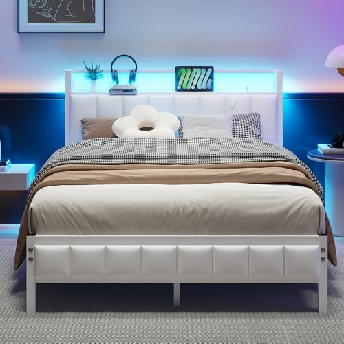 BORPHOM Sängram med LED, laddningsstation, dubbelsäng/enkelsäng, gästsäng, metallsäng, klädsäng, 120 x 200, sängram av metall, ungdomssäng, med ribbotten, sänggavel i Vit, för sovrum, gästrum
