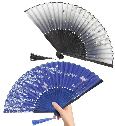 Vintage Handheld Folding Fans 2-Pack, Chinese Silk & Bamboo Hand Fan Folding, Portable Folding Fan with Tassel for Wedding, Party, Cosplay & Gifts, Black and Blue