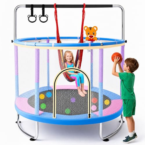 hotsizz Trampolin Outdoor Kinder, Durchmesser 150 cm Maximal bis 200 kg belastbar Nutzbar im Innen- und Außenbereich, ausgestattet mit dreistufiger Turnstange, Schaukel und diversen Spieloptionen