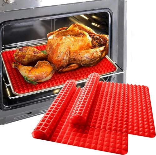 FINGER TEN Silicone Pyramid Baking Sheet Oven Mat (2 Pack Red Mat) | Pyramid Texture for Even Heat Circulation, Non Stick Silicone Easy Food Release, Heat Resistant, Reusable Healthy Cooking Mat