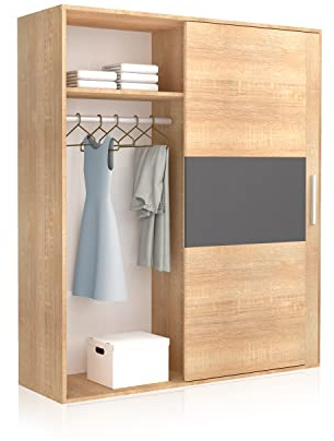 duehome | Armario de 2 Puertas Correderas, Armario Doble, Modelo Uniq 180, Acabado en Cambria y Grafito, Medidas: 180 cm (Largo) x 207,6 cm (Alto) x 55 cm (Fondo)
