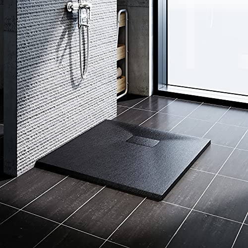 SONNI Duschwanne 80x80 cm, 32 mm Extra Flach, Schwarz, SMC, Mit Siphon | Extra flache Duschwanne in Schieferoptik mit rutschhemmender Oberfläche für sicheren Stand und eine moderne Badgestaltung