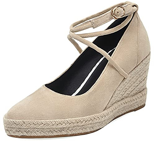 Décolleté Donna, Espadrillas Zeppa Moda Scarpe da Festa Tacco Alto Appuntito Criss Cross Strap con Plateau Beige Numero 32 EU