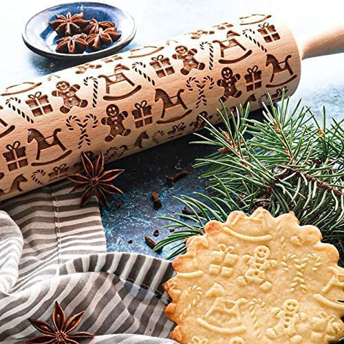Christmas Rolling Pin,Wooden 3D Rolling Pins Embossed, Embossing Rolling Pin with Engraved Christmas Themed Symbols for Baking Embossed Cookies, Rolling Pin Kitchen Tool (Gingerbread Man)